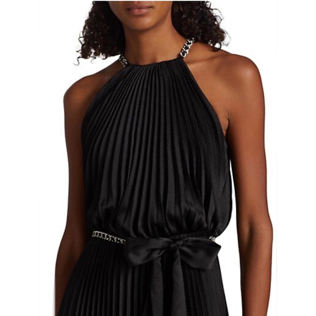 ML Monique Lhuillier Satin Chain-Link Belt Pleated Gown, Black Size 8 NWT $695