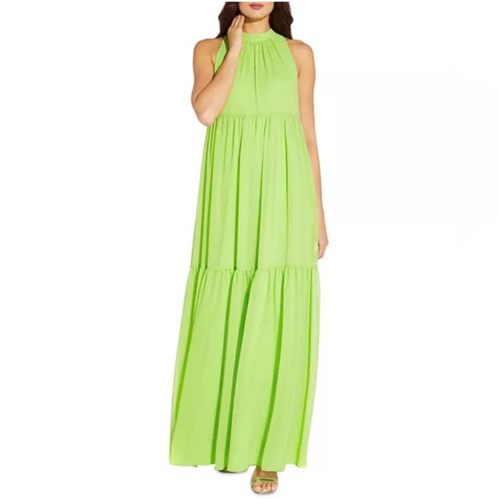 Aidan Mattox Mock Neck Halter Tired Maxi Dress in Lime Green, NWT, Size 2