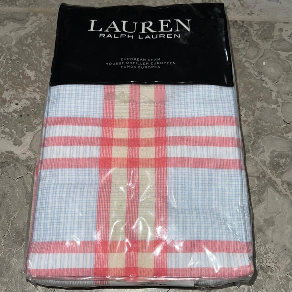 Ralph Lauren Karina Madras Euro Sham in Blue Multi Whipstitch NWT