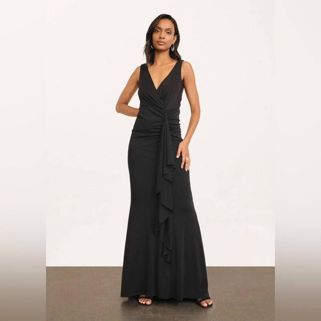 Donna Karan New York Social Occasion V-Neck Ruched Gown in Black Size 6 NWT $495