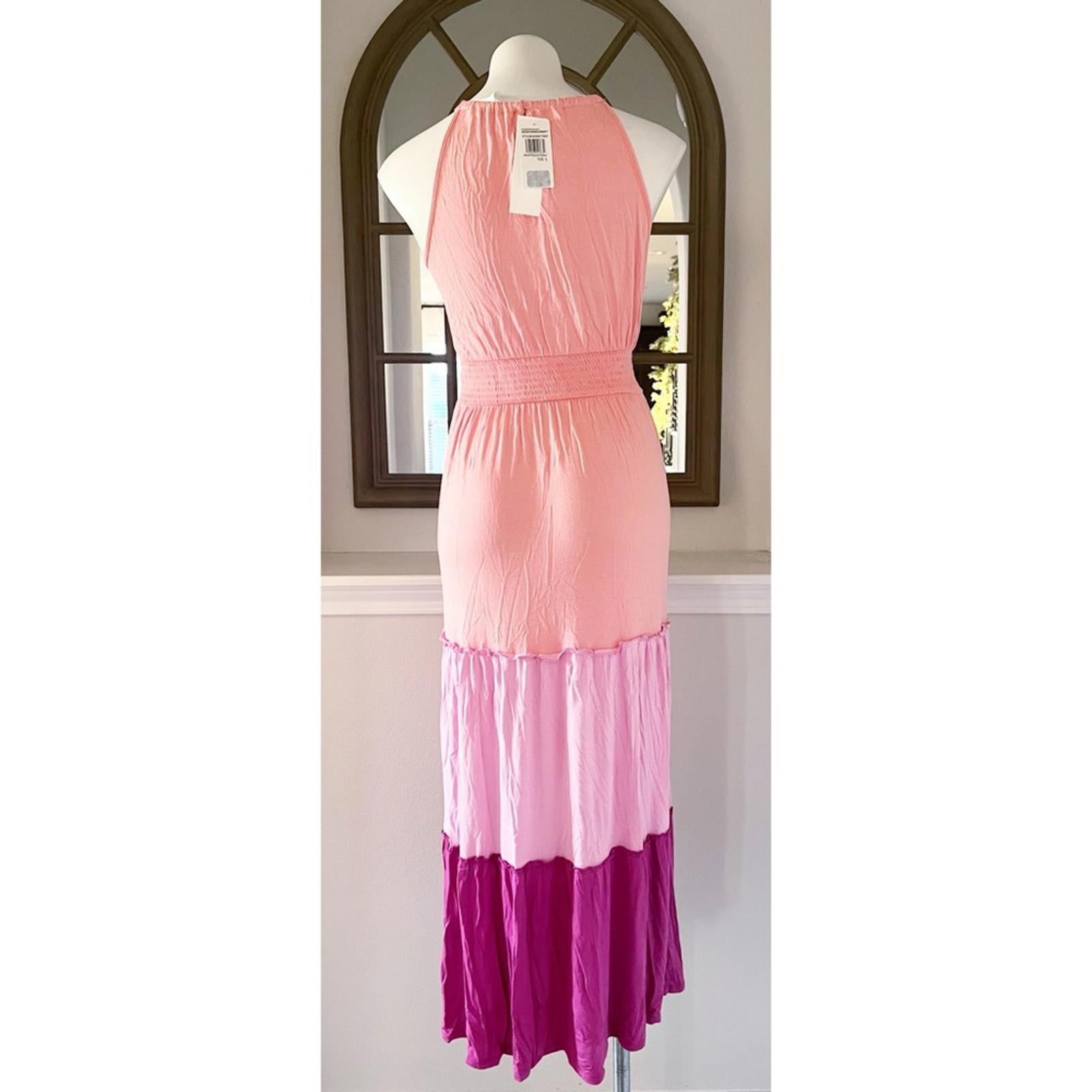 Adyson Parker Color Block Sleeveless Tiered Maxi Dress, Neon Peach Combo NWT