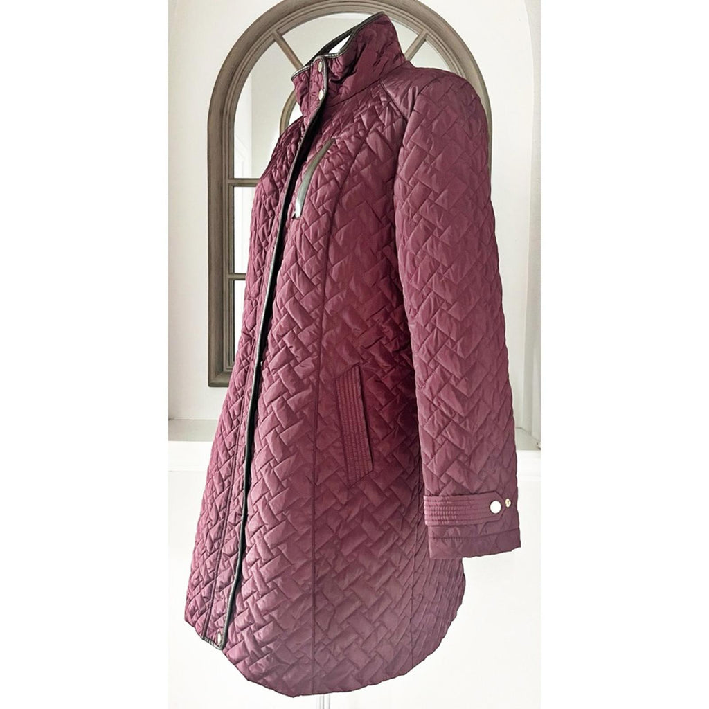 Cole Haan Burgundy Quilted Long Jacket w/Brown Leather Trim, NO BELT XL $260