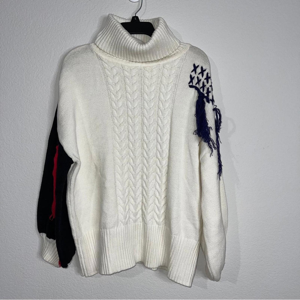 Cable Knit Turtleneck Sweater with Puff Sleeves in White Multi, Size M NWT