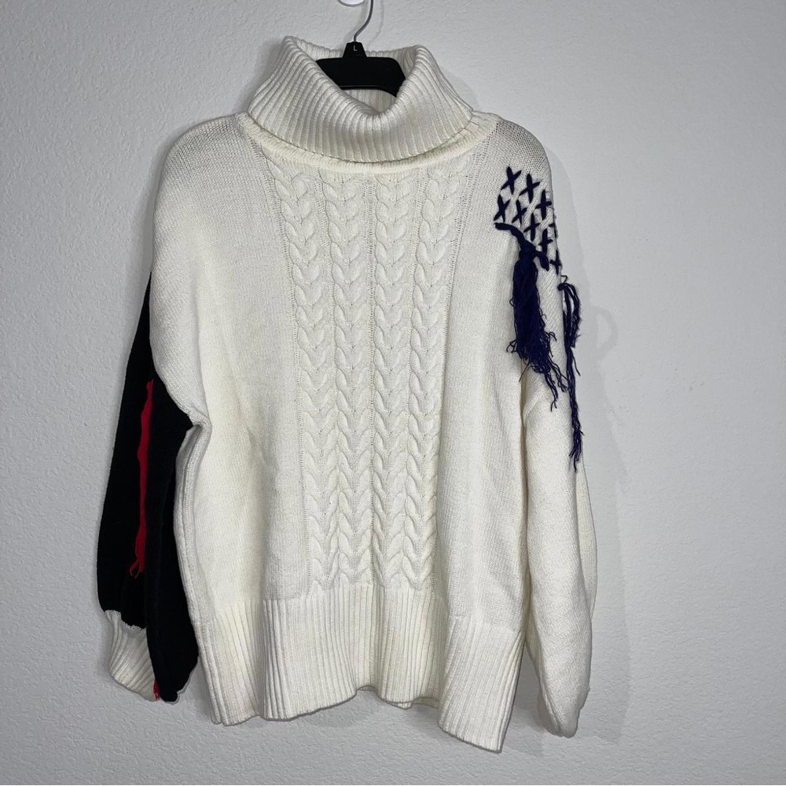 Cable Knit Turtleneck Sweater with Puff Sleeves in White Multi, Size M NWT