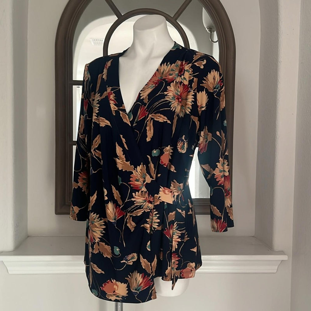 Lauren Ralph Lauren Floral Stretch Jersey Top in Navy Tan Multi Size 1X NWT