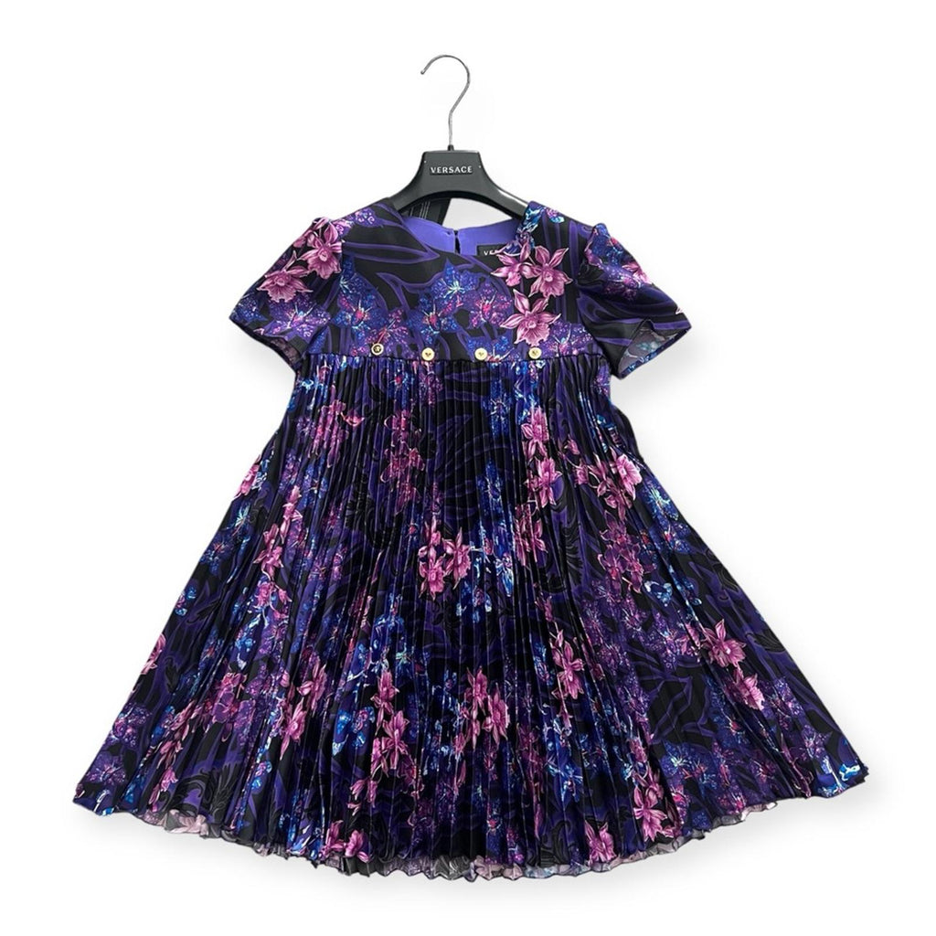 Versace Orchid Barocco Kids Pleated Dress, NWT, Girls Size 12 Retail $795