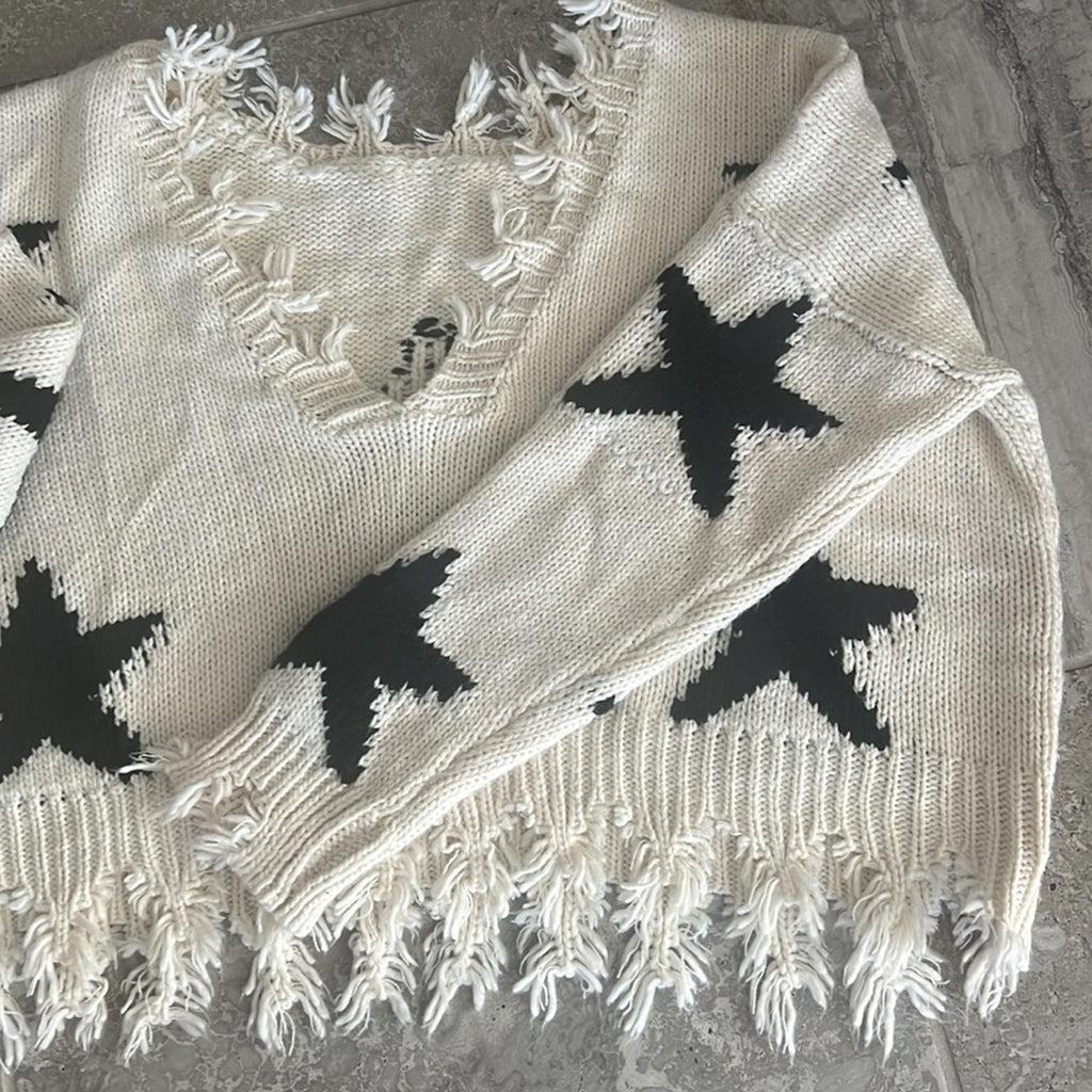STORIA Oversized Distressed Star Sweater with V-Neck Back, Size S EXCELLENT!