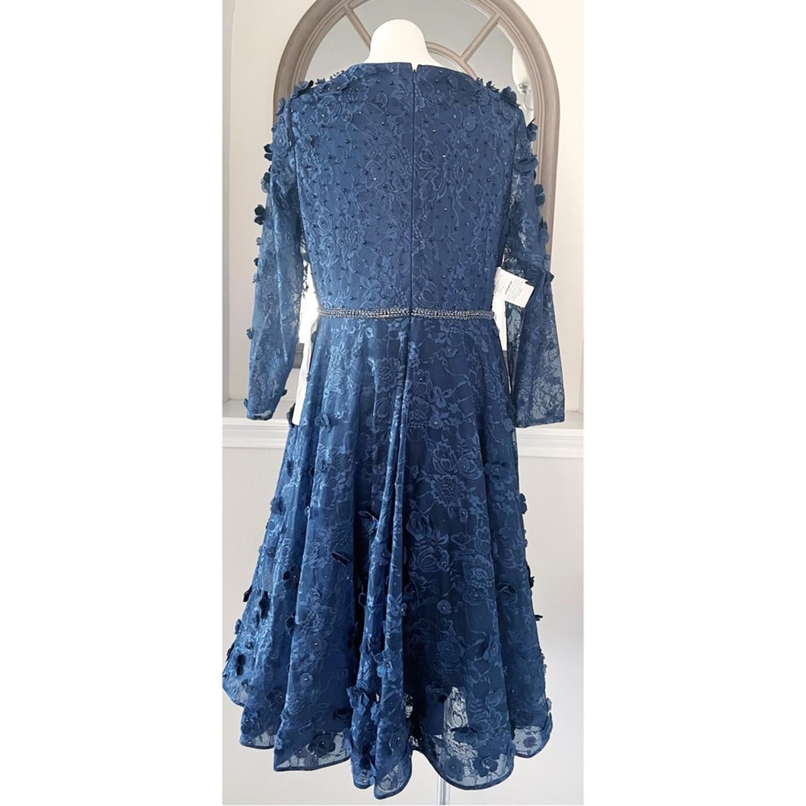 Mac Duggal Fit & Flare Lace Dress w/Floral Appliqués Three-Quarter Sleeve