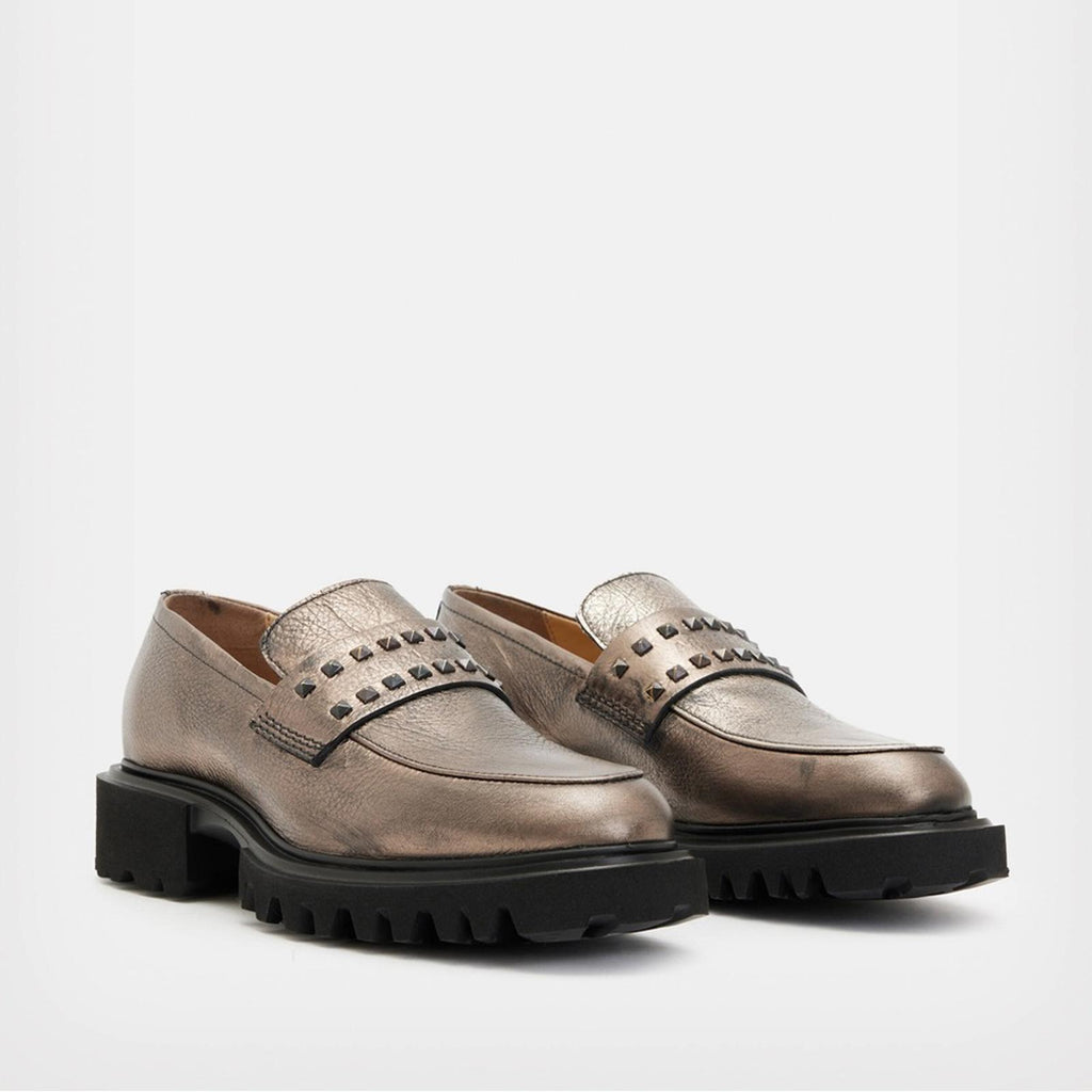 AllSaints Lola Studded Apron Toe Loafers, Pewter Size EU41 (Sold Out) New in Box