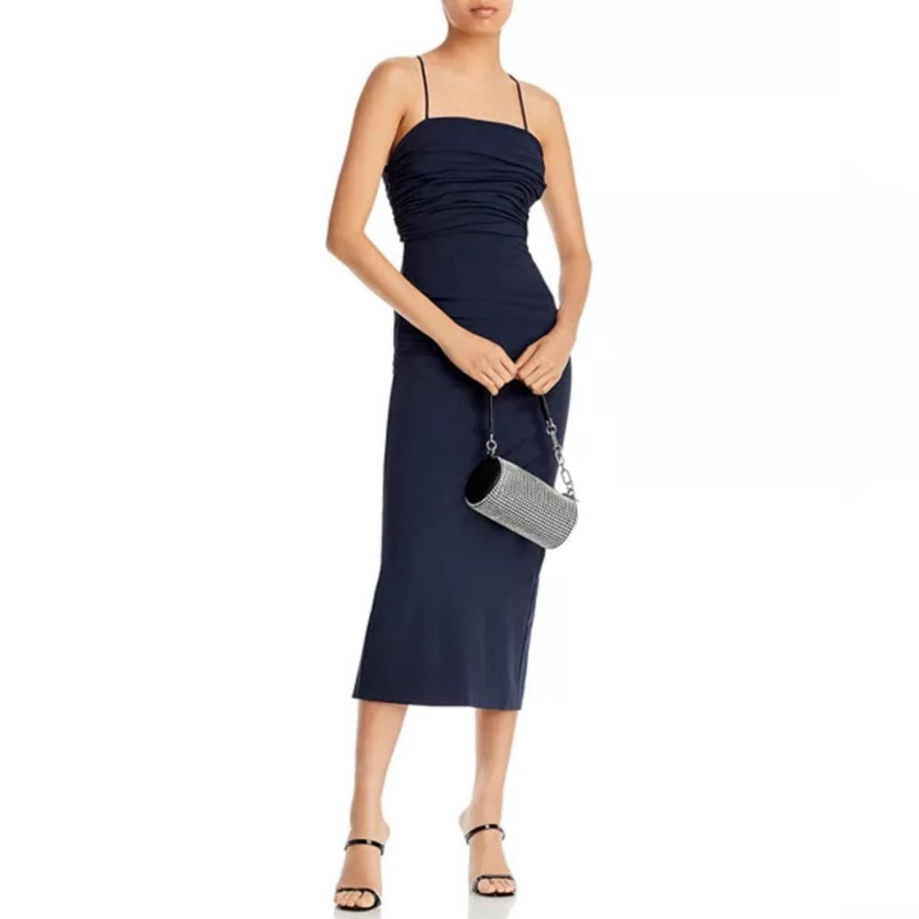 Cinq à Sept Judy Ruched Midi Dress in Navy, Size 0 NEW w/Tag $425