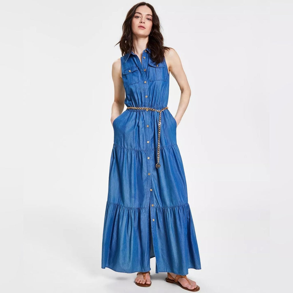 Michael Kors Chambray Tiered Ankle Dress in Light Cadet Wash, Size XS NWT $195