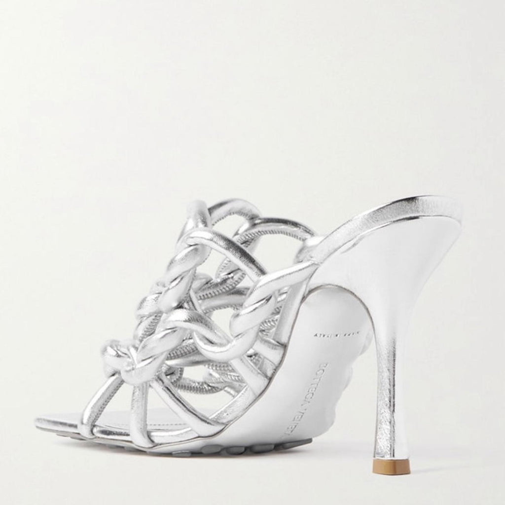 Bottega Veneta Stretch High Heel Slide Sandals in Silver Size 37.5 NEW+2DustBags