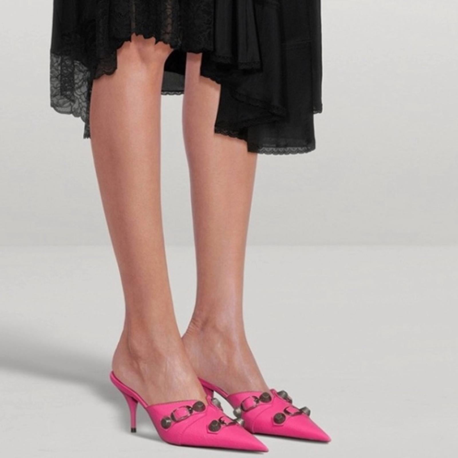 Balenciaga Cagole Pointed Toe Mules Mule in Fluo Pink/Aged Nickel, Size 37 NEW