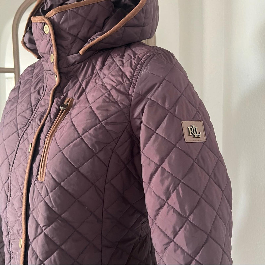 Lauren Ralph Lauren Faux-Leather-Trim Hooded Quilted Coat, Size S New w/Tag