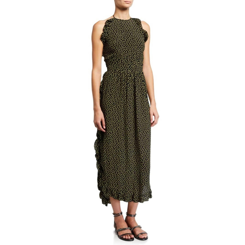 See by Chloé Dot-Print Halter Ruffle Dress, Black/Yellow Size FR40/M/8 New w/Tag
