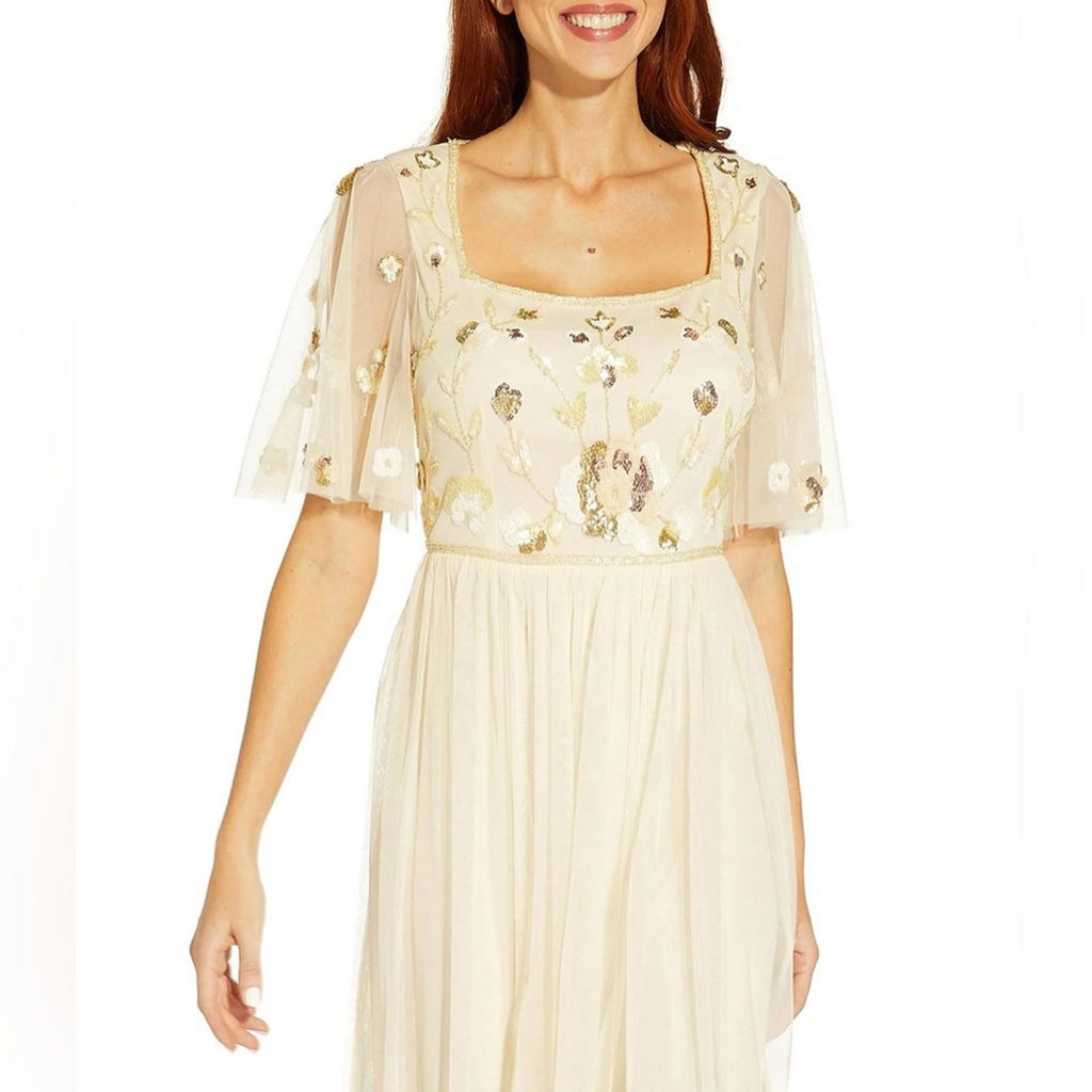 NWT Adrianna Papell Beaded Long Dress, Sand Shell Size 8 New w/Tag Retail $279