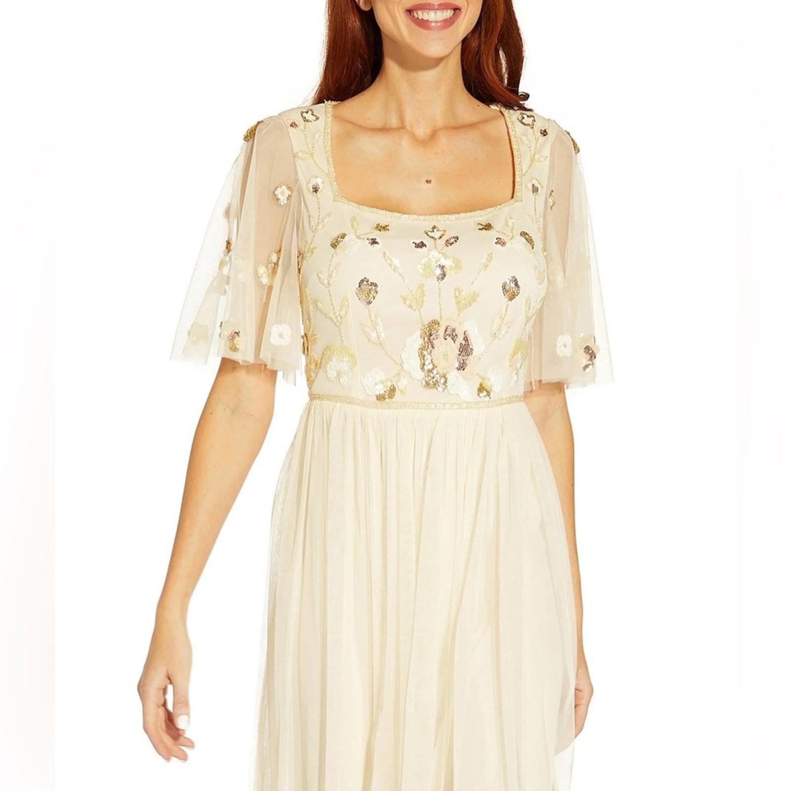 NWT Adrianna Papell Beaded Long Dress, Sand Shell Size 8 New w/Tag Retail $279