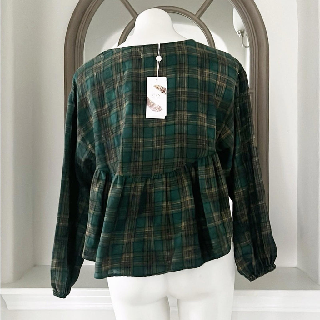 Chelsea & Violet Plaid Peplum Cropped Blouse in Olive, Size XS, New w/Tag