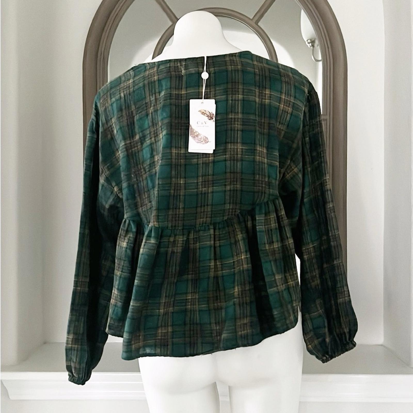 Chelsea & Violet Plaid Peplum Cropped Blouse in Olive, Size XS, New w/Tag