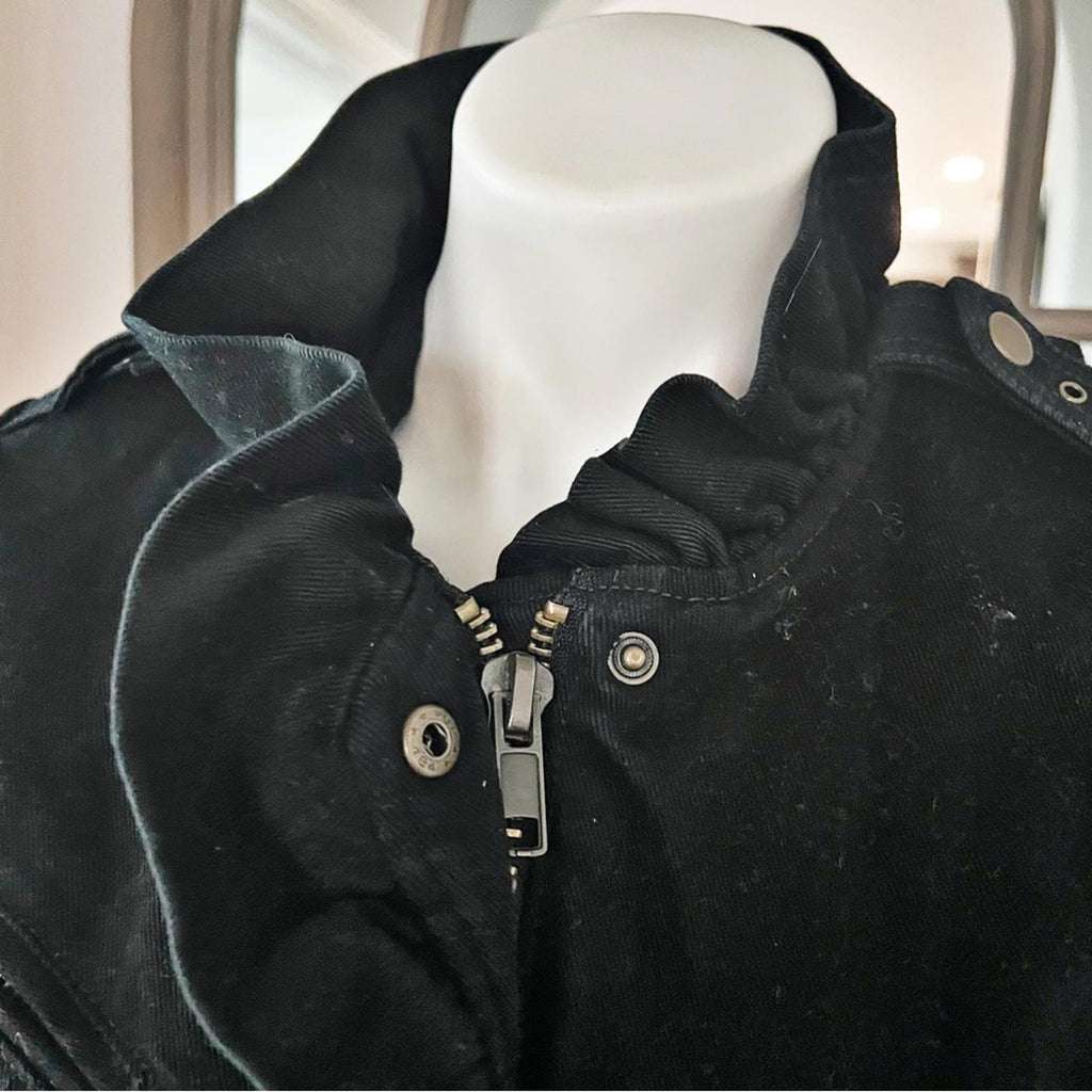 Anthropologie’s Sanctuary Ruffle Collar Denim Moto Jacket, Black Size S