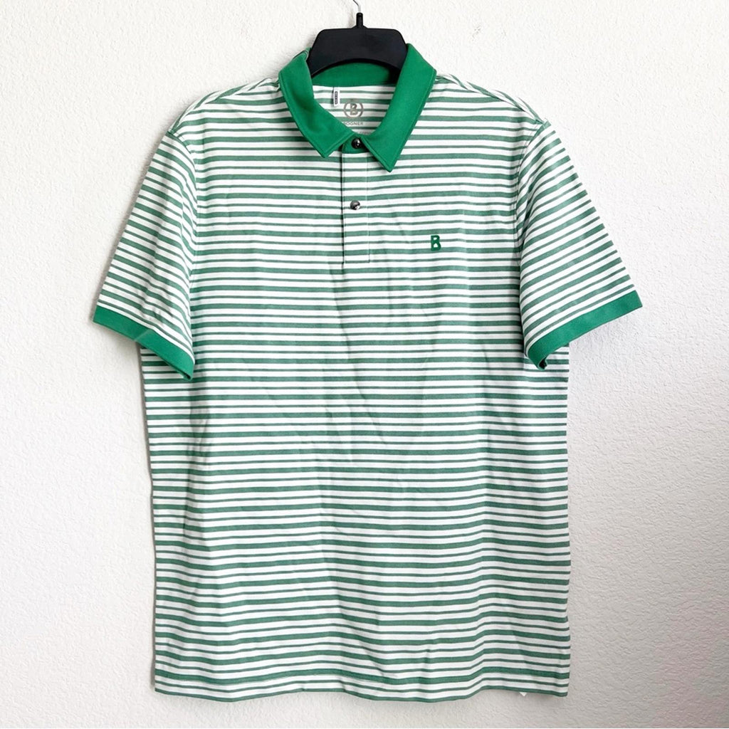 Bogner Timo Striped Polo Shirt in Green & White, NWT, Size M