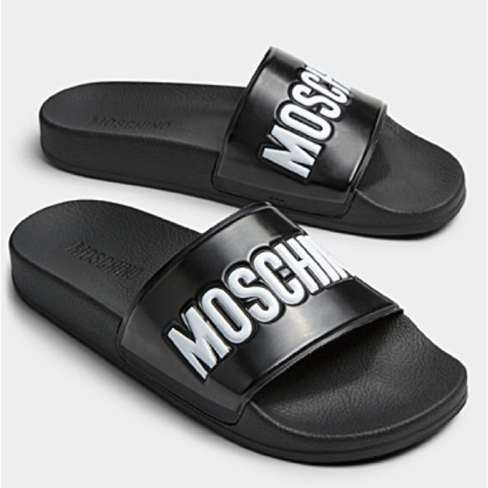Moschino Logo-Print Slides in Black Size 35 New in Box w/DustBag