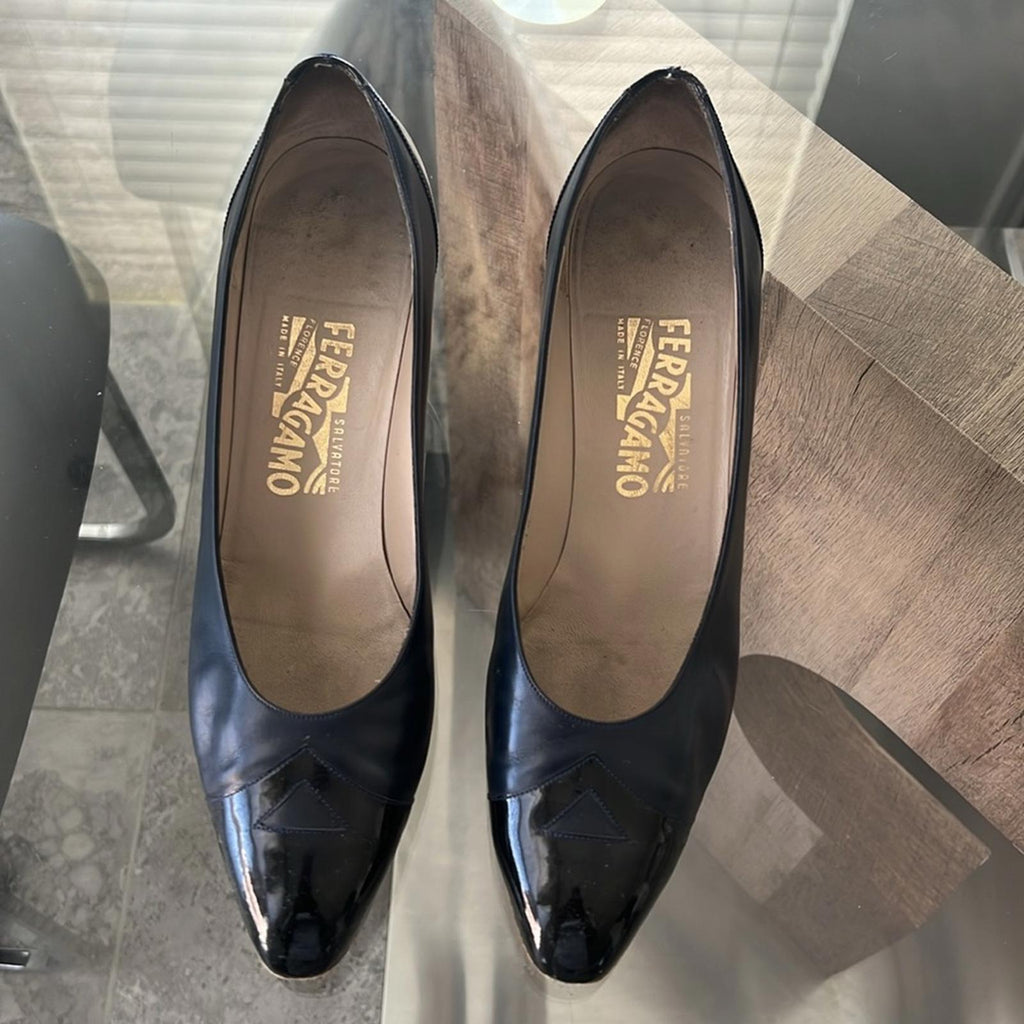 Salvatore Ferragamo Leather Block Heel Shoes, (Made in Italy) Size 10