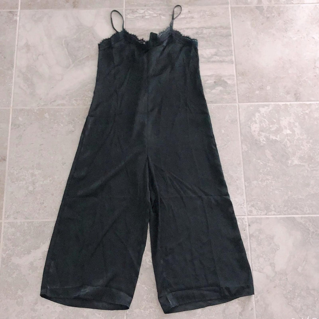 Dee Elle Satin Lace Trim Jumpsuit in Black, NEW, Size L