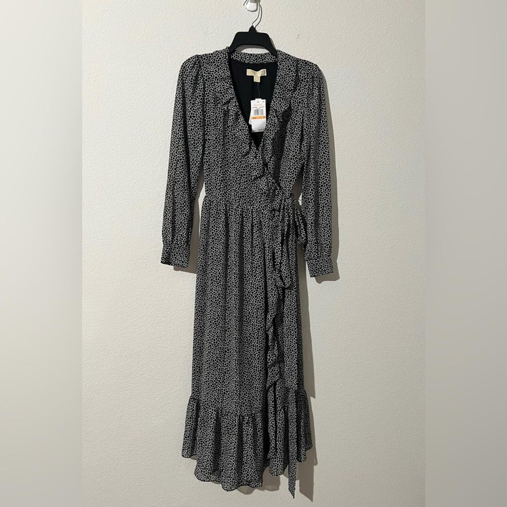 Michael Kors Sheer Tie Ruffled Printed Wrap Dress in Black/White, NWT, Size S