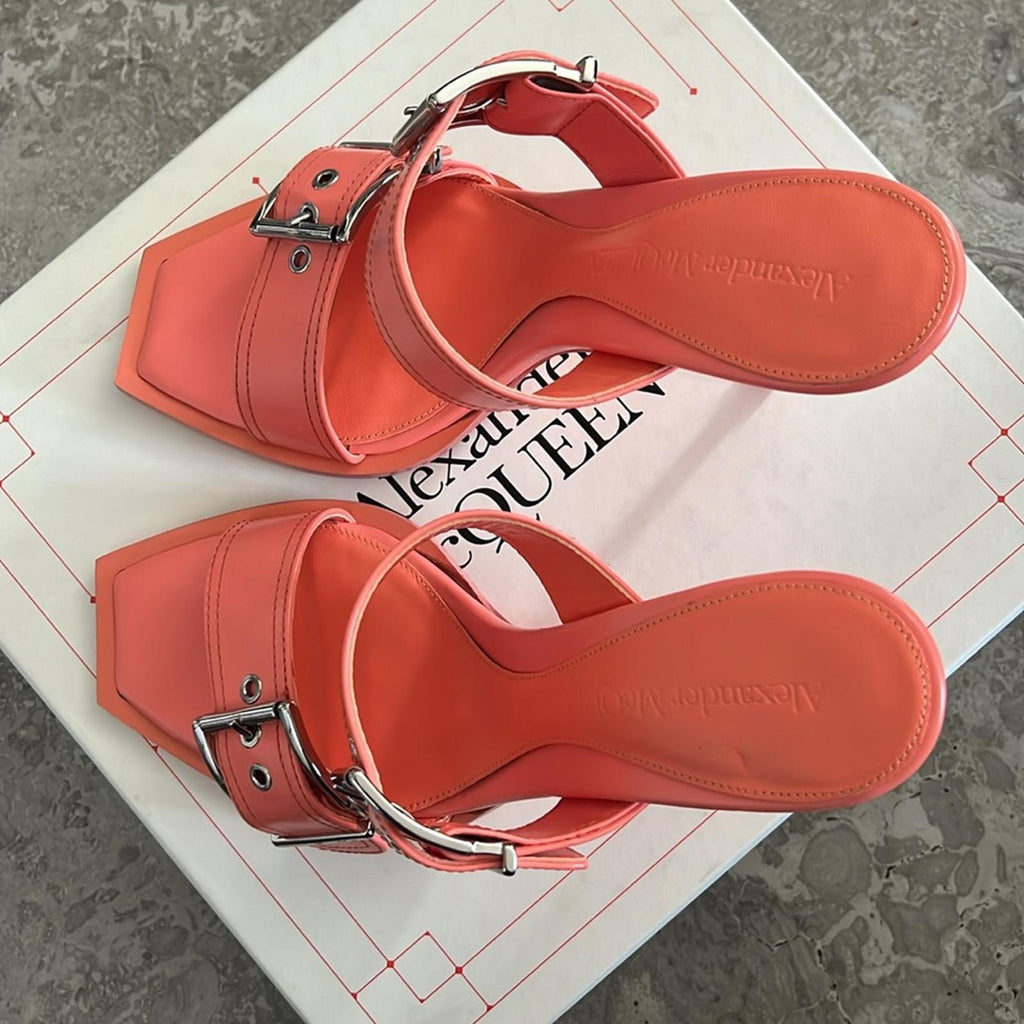 Alexander McQueen Double Buckle Punk Mule in Apricot, Size 39.5 NEW in Box $1050