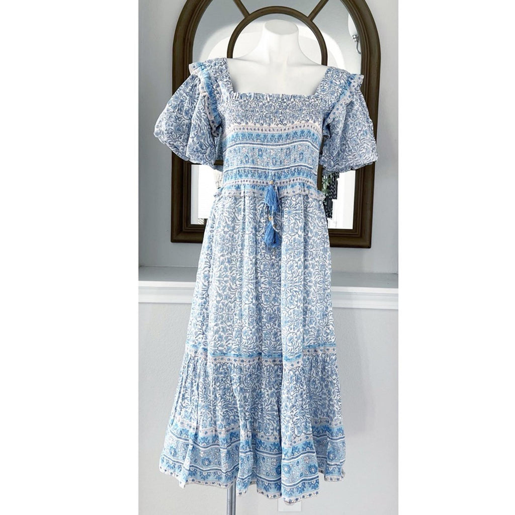 Bell Ashley Ruffled Puff Sleeve Midi Dress in Blue White, Size XL New w/Tag $408