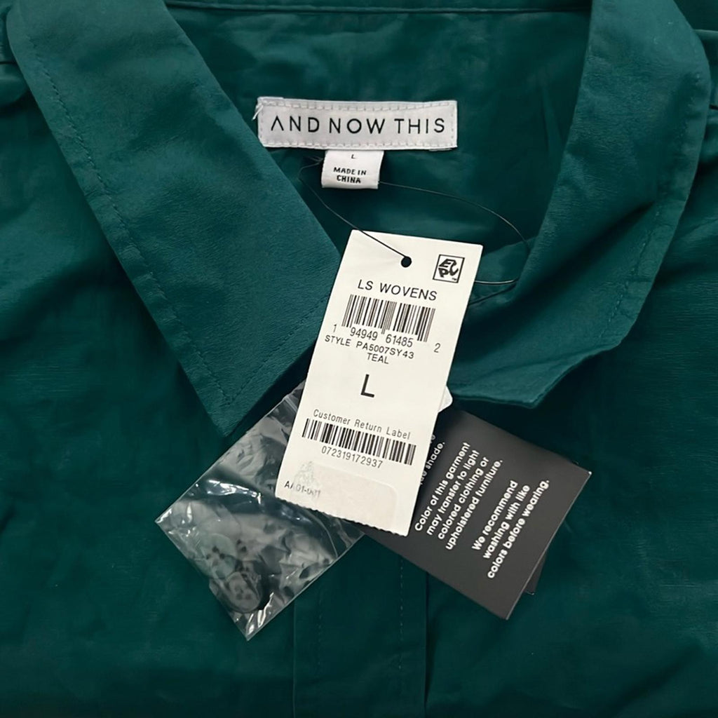 And Now This Poplin Long-Sleeve Wovens Button-Up Shirt, Teal Size L New w/Tag