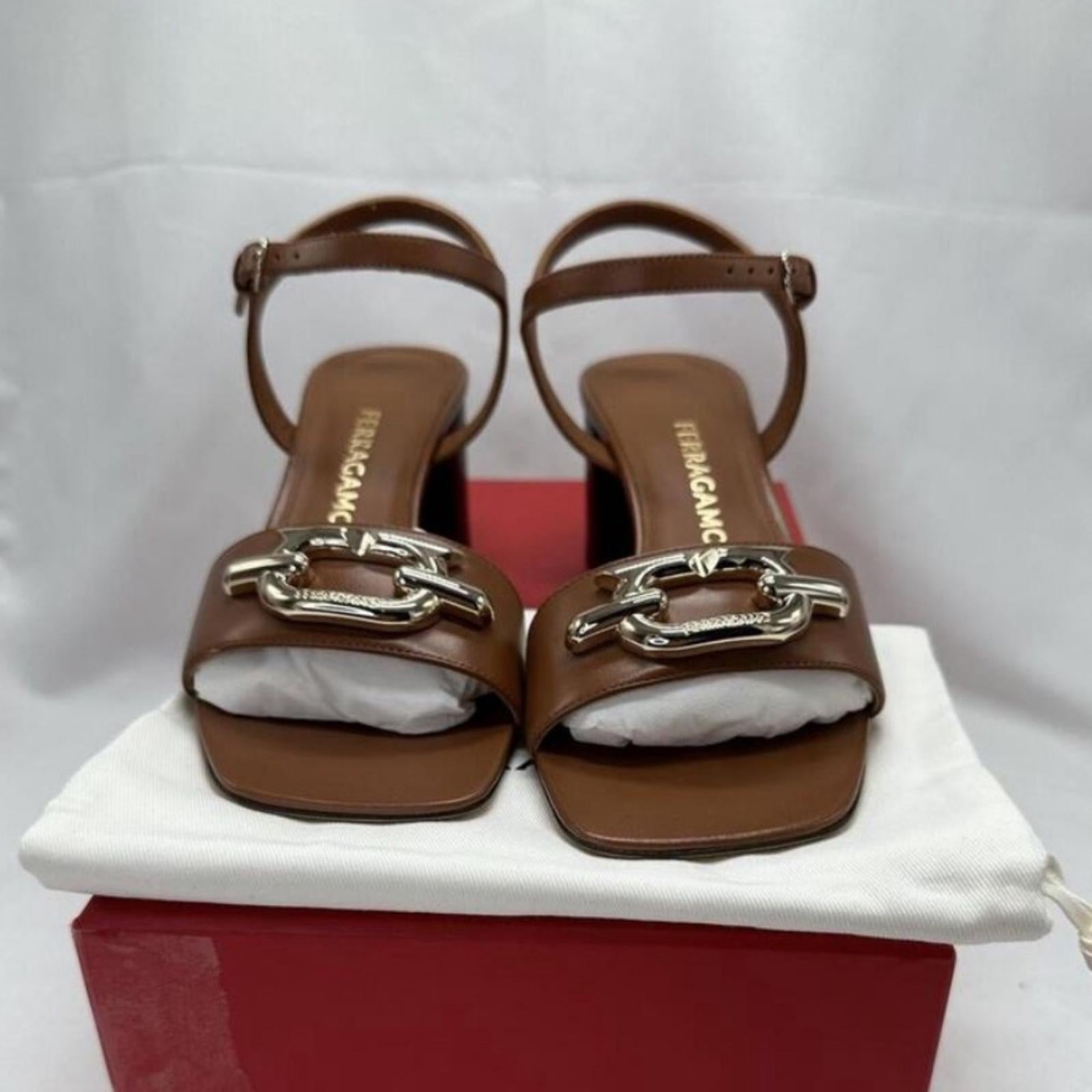 Ferragamo Priscilla Gancini Leather Ankle Strap Sandals, NEW, Size 7.5