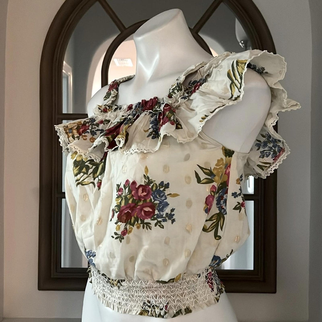 House of Harlow 1960 Helena Crop Top, Ivory Smocked, Ruffled Size M EXCELLENT!