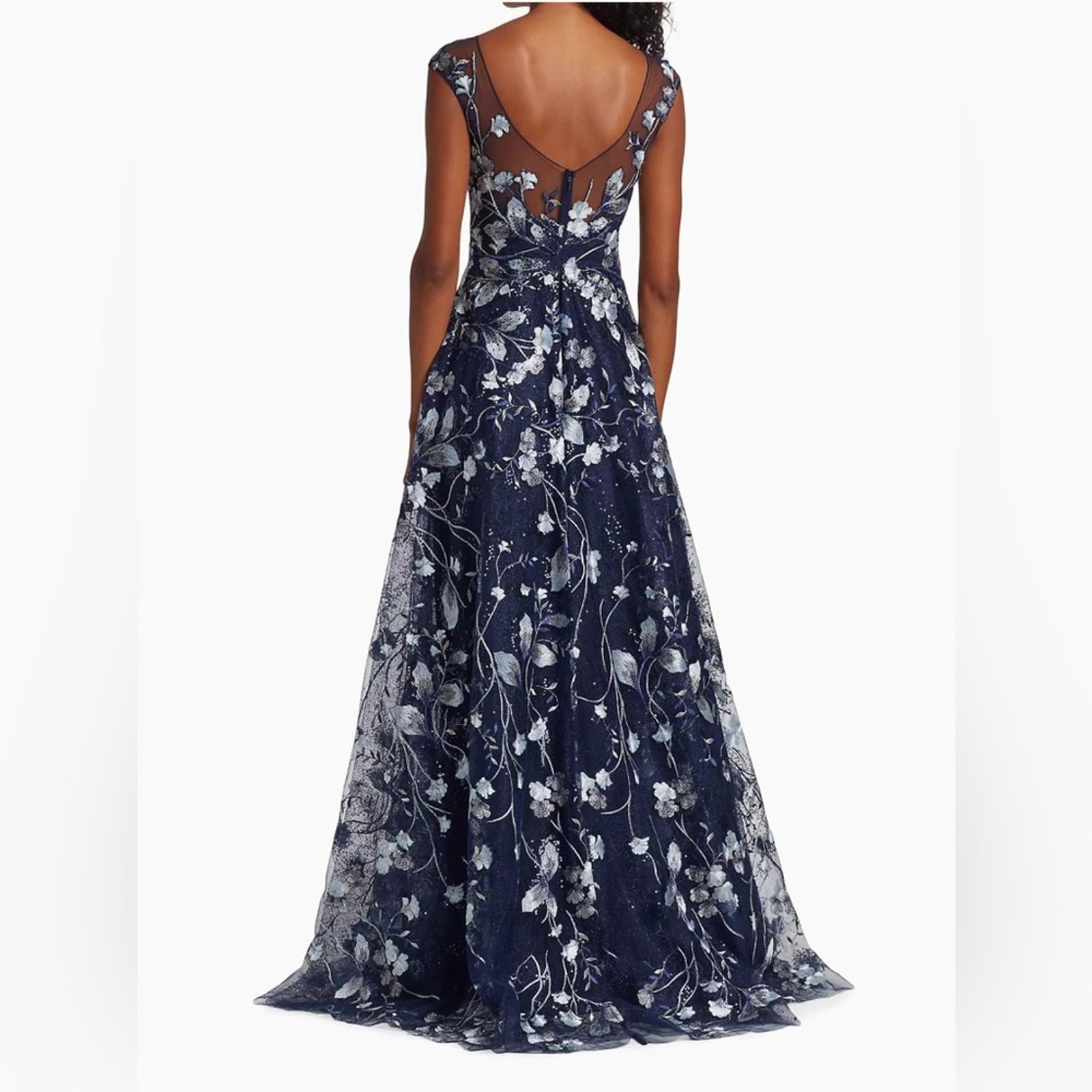 Teri Jon Embroidered Mesh Gown in Navy/Silver, NWT, Size 16