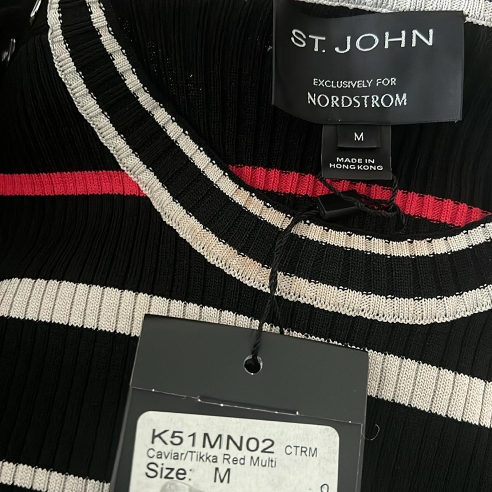 ST JOHN Stripe Crewneck Sweater, Cavair/Tikka Red Multi Size M New w/Tag