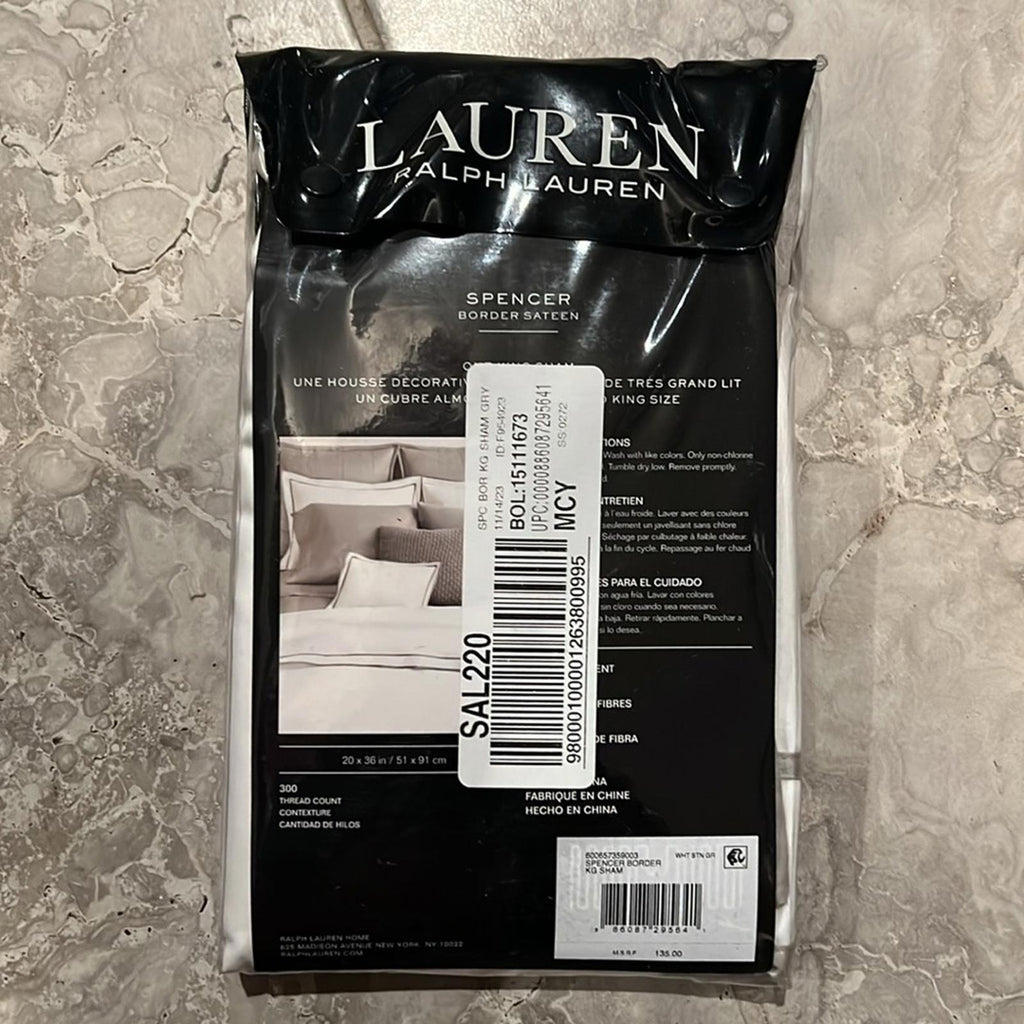 X2 Ralph Lauren KING Spencer Sateen Border Shams in Stone Grey New w/Tag $135/ea
