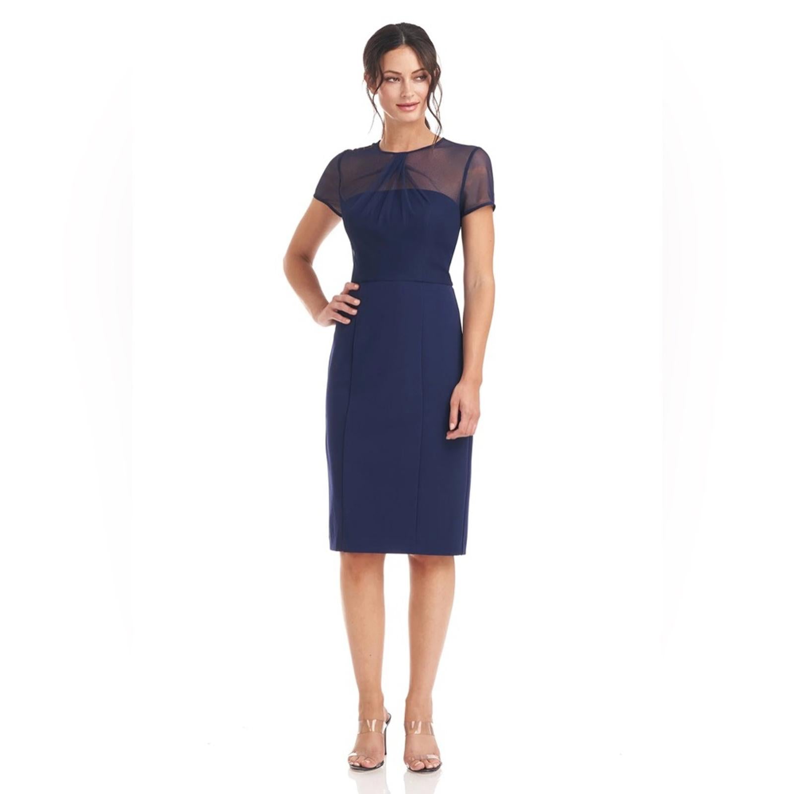 JS Collection Short Sleeve Illusion Cocktail Sheath Dress Navy Size 2 NWT $178