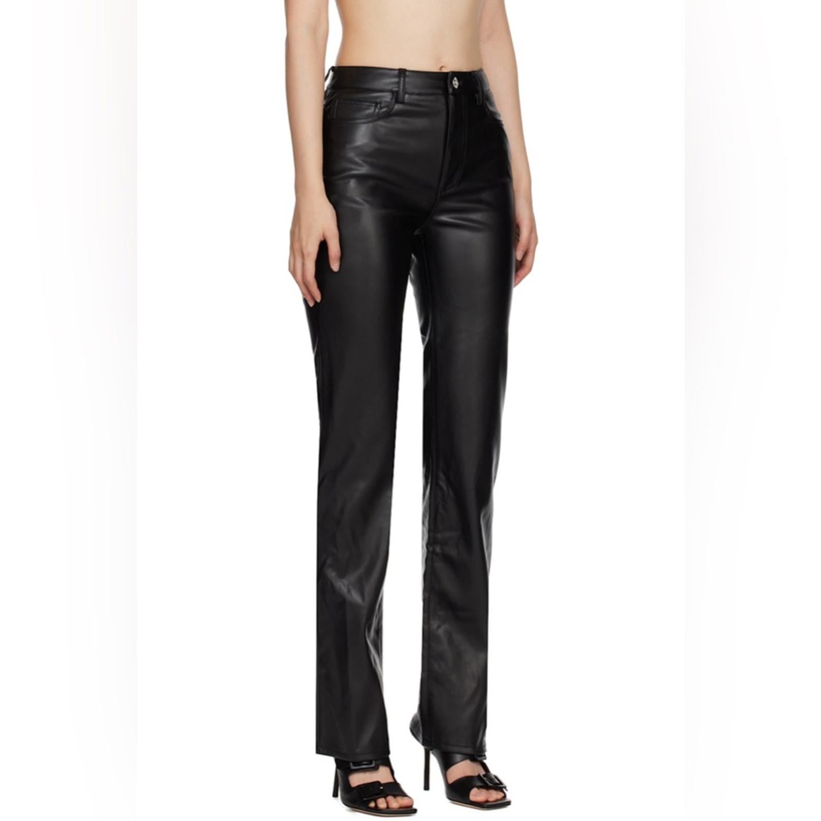 Staud Chisel Vegan Leather Straight-Leg Pants, Black High Waist Size 12 NEW $350