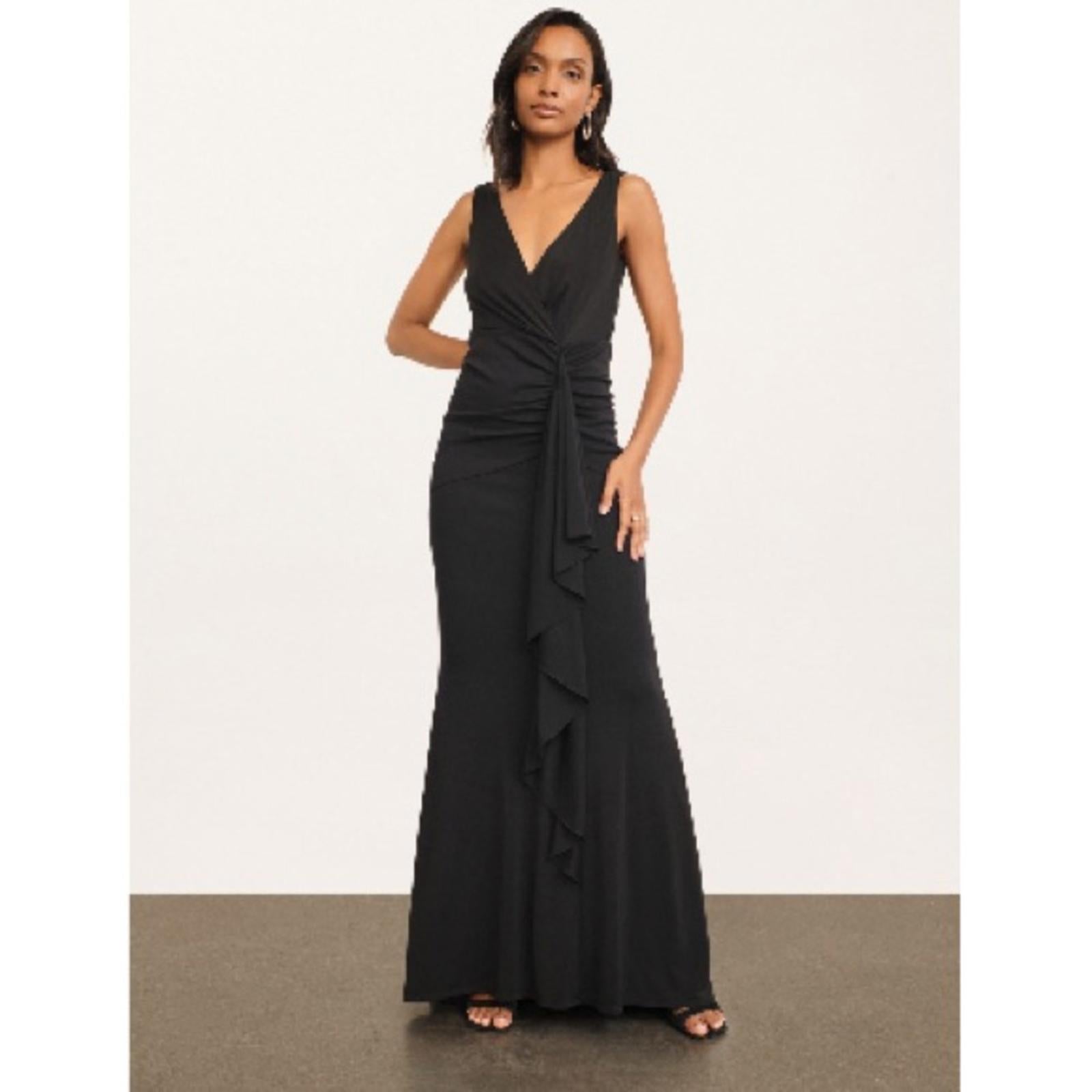 Donna Karan New York Social Occasion V-Neck Ruched Gown in Black Size 6 NWT $495