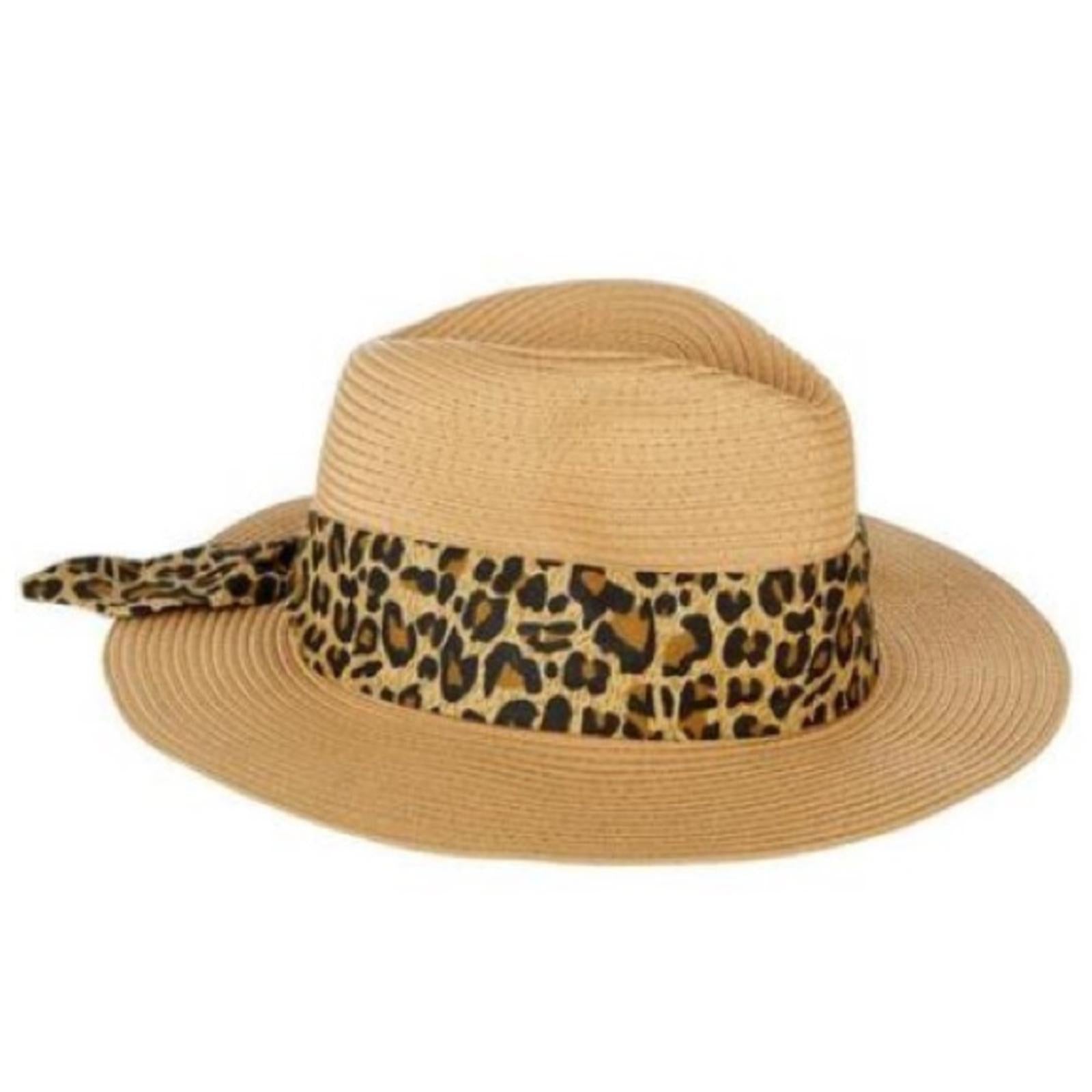 Nine West Wide Leopard Print Tie-Trim Packable Panama Hat, New w/Tag Retail $38