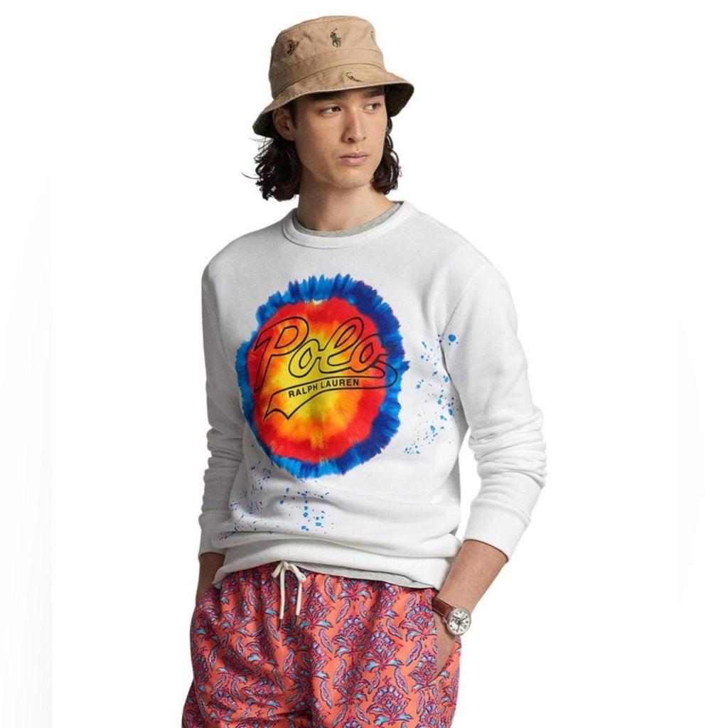 Polo Ralph Lauren Logo Tie-Dye Print Fleece Sweatshirt, White Size XL New w/Tag