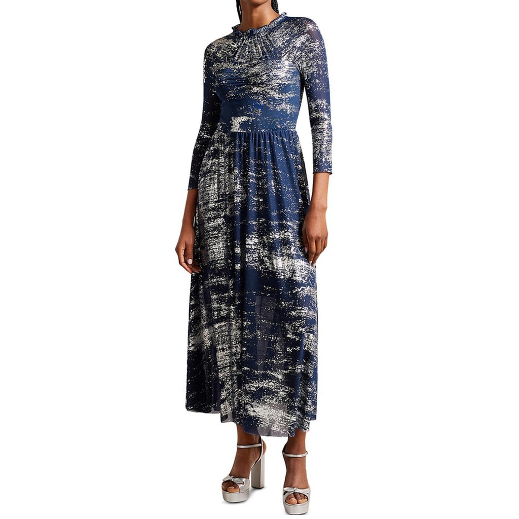TED BAKER Iggiey Metallic Burnout Midi Dress, 3/4 Sleeves Navy Size 4 US 10 NWT