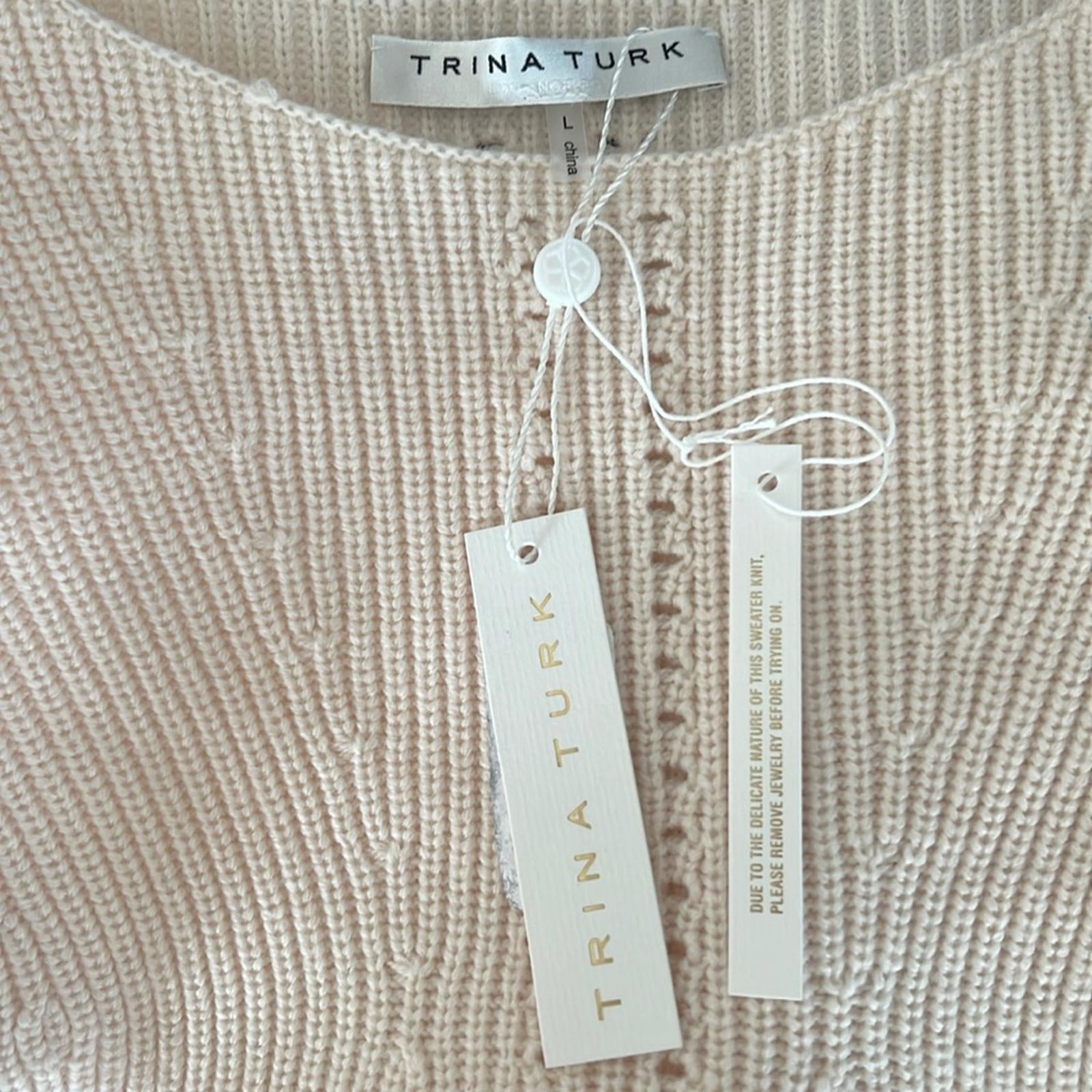 Trina Turk Dalhart Mixed-Stitch Puff-Shoulder Sweater in Ecru, Size L New w/Tag