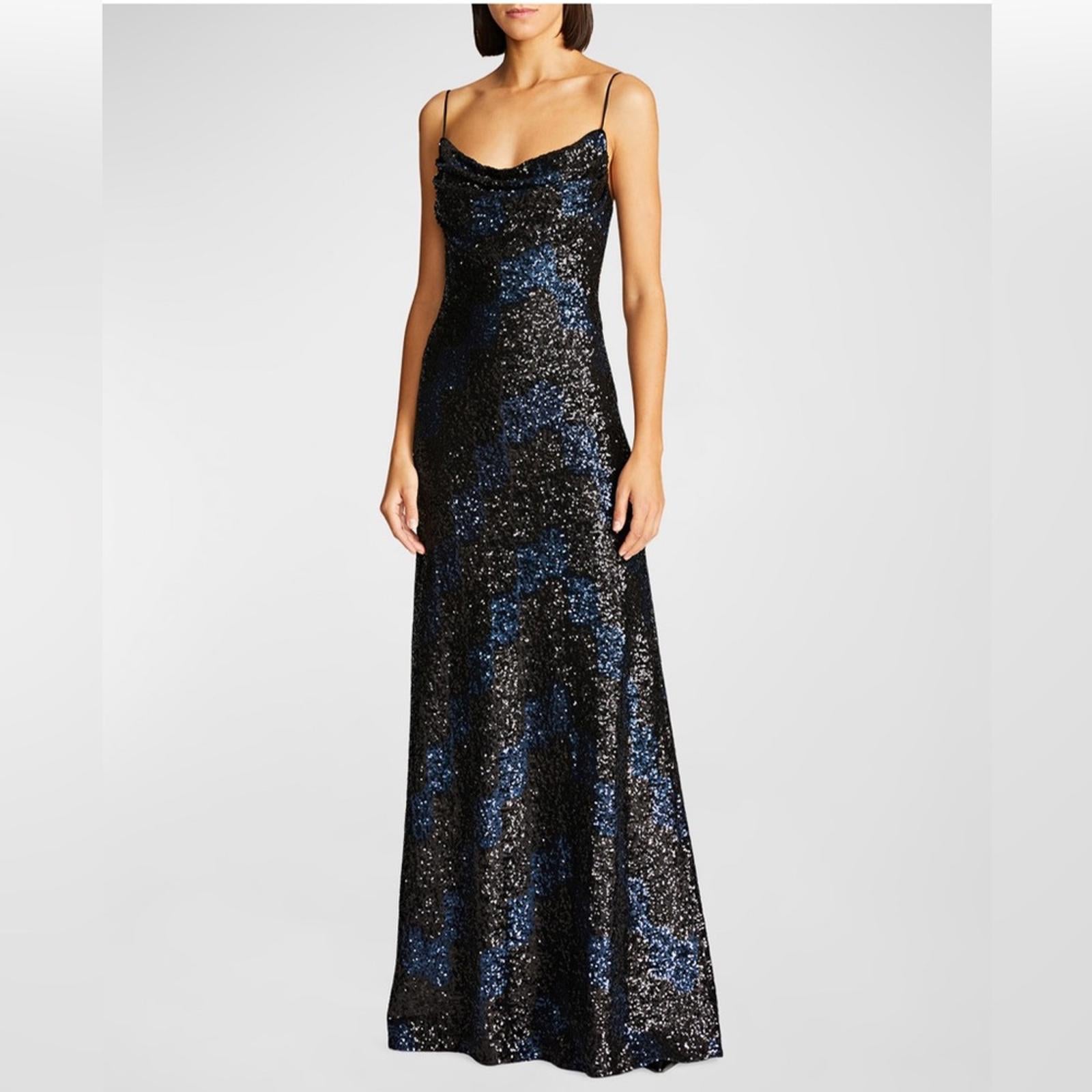 Halston Syrena Gown in Wave Sequined , Black/Navy Size 12 New w/Tag Retail $595
