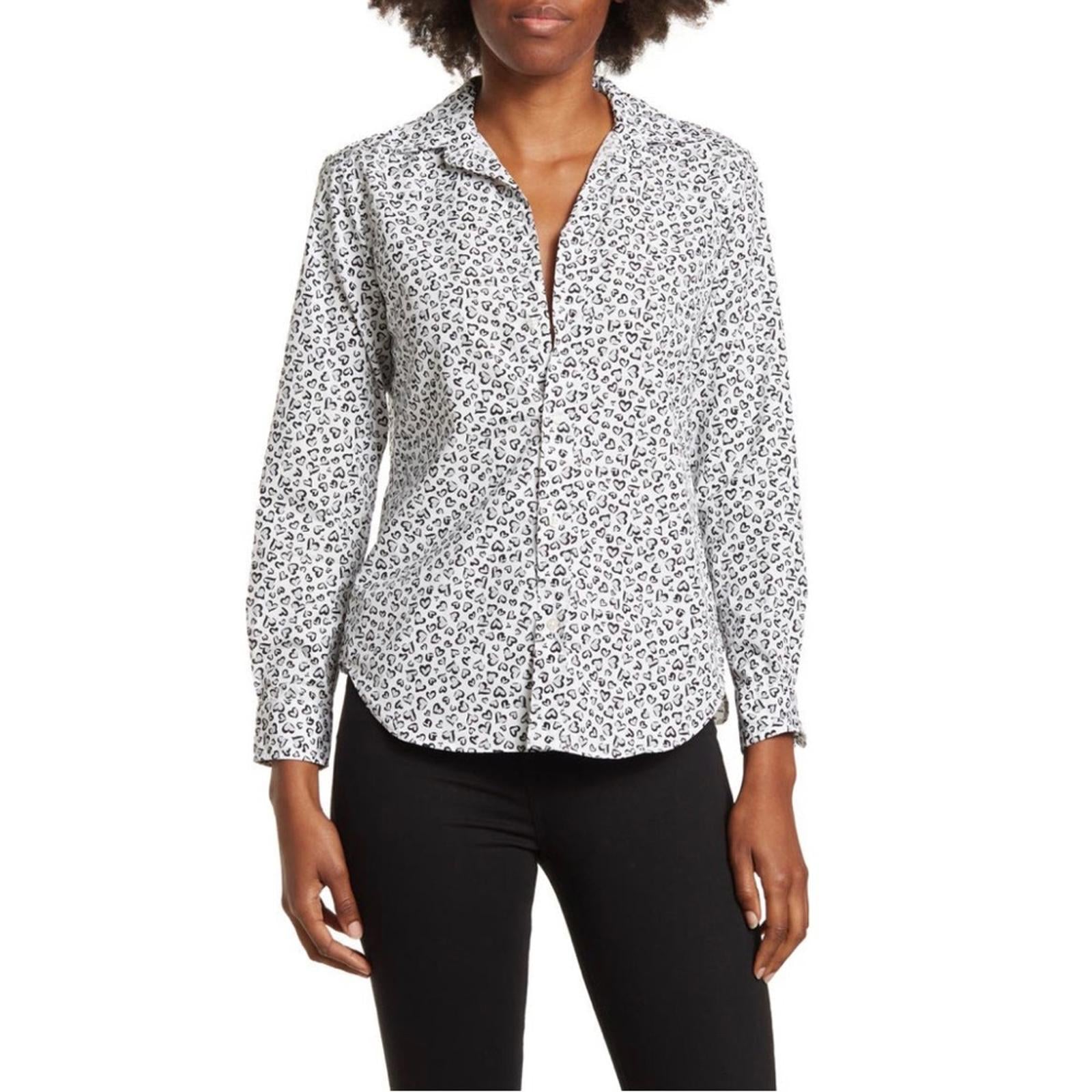 Frank & Eileen Shirt Heart Print Woven Button Up, White Grey Black Size XS NWT