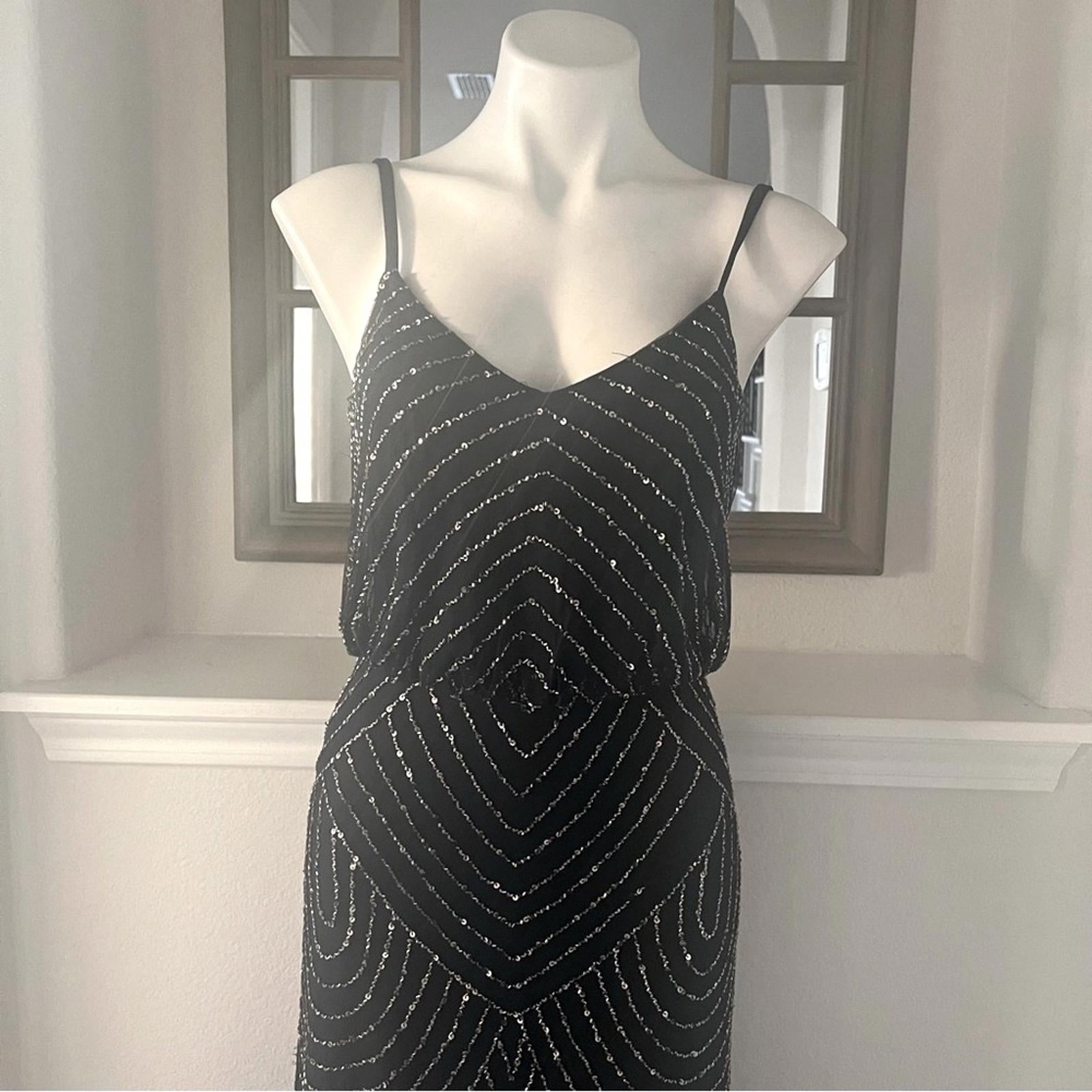 Adrianna Papell Art Deco Beaded Blouson Gown, Navy w/Silver Sequins Size 4