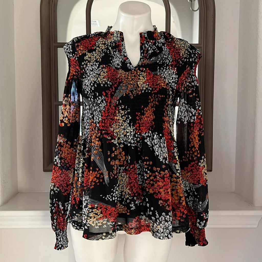 Anthropologie Akemi + Kin Balloon Sleeve Floral Chiffon Smocked Top Size S