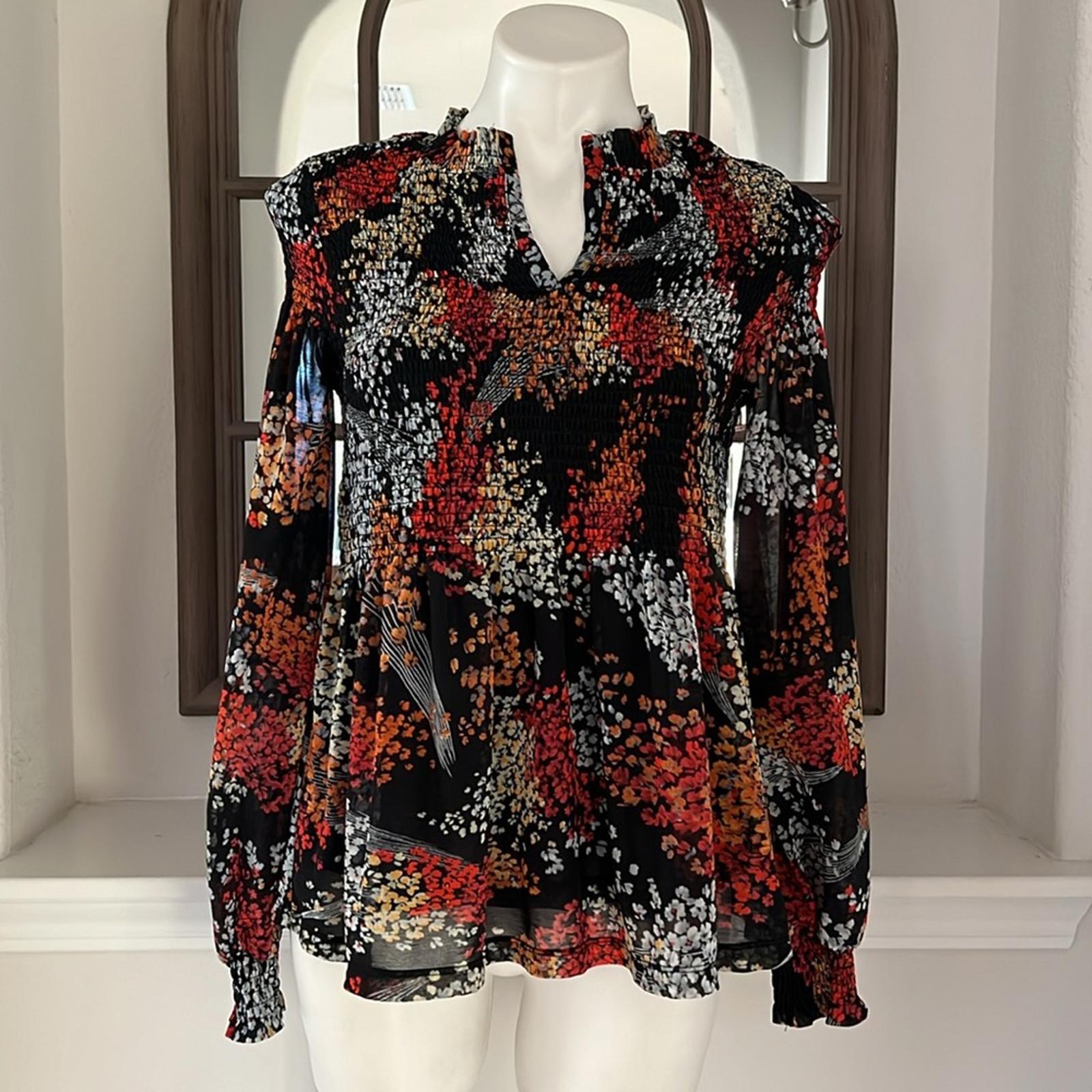 Anthropologie Akemi + Kin Balloon Sleeve Floral Chiffon Smocked Top Size S