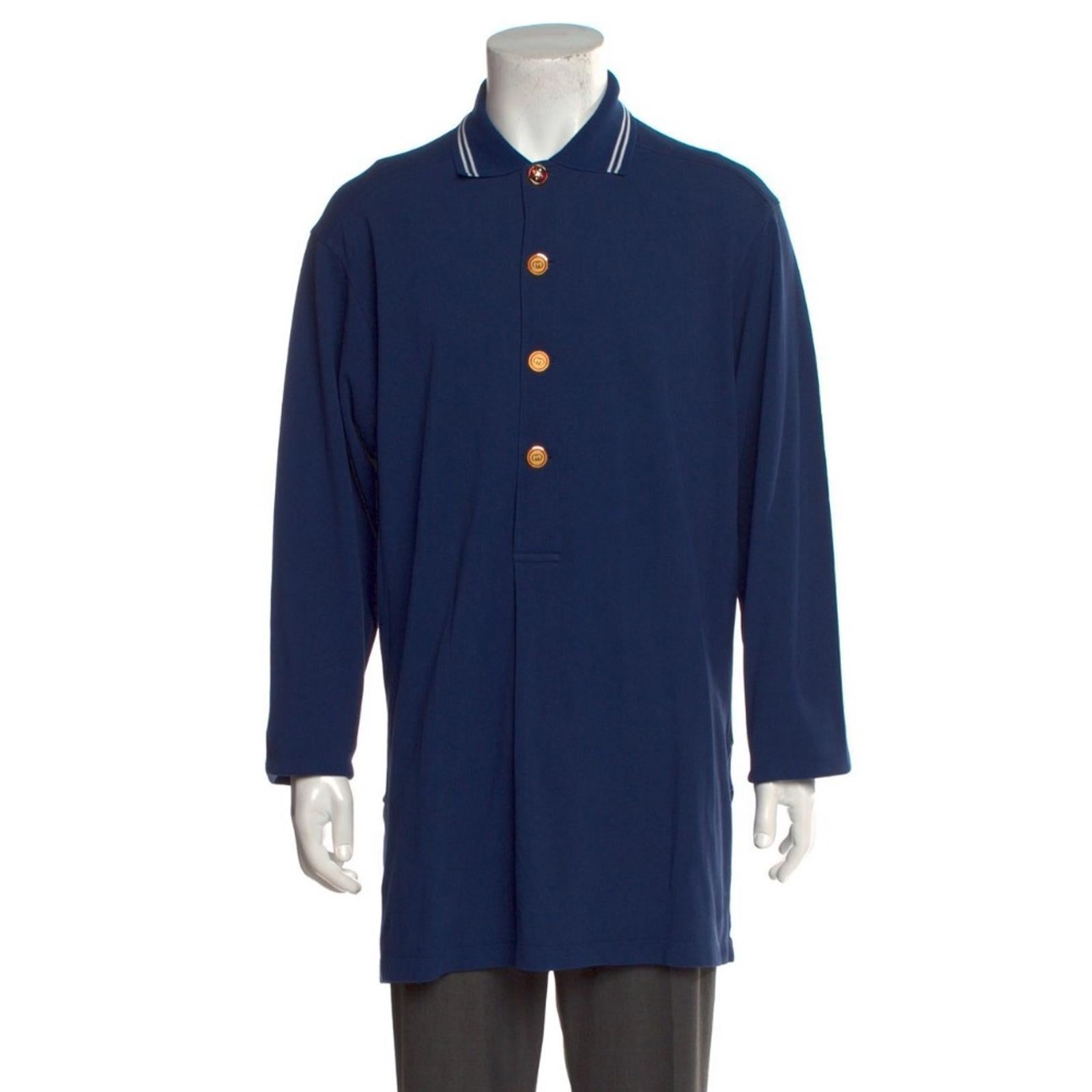 Gucci SS21 Long Sleeves Polo Heavy Cotton Jersey Shirt in Autumn Blue NWT $1,200